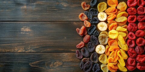 Sticker - Flat lay arrangement featuring various dried fruits on a wooden surface, with space for text. Healthy lifestyle.