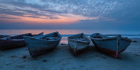 Aufkleber - a number of wooden boats on the beach after sunset