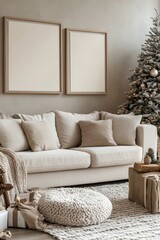 Wall Mural - Christmas cozy living room interior with beige sofa, boucle armchair, christmas decoration, mock up poster frames, stars, gifts and elegant accessories. Santa claus is coming. Template. Home