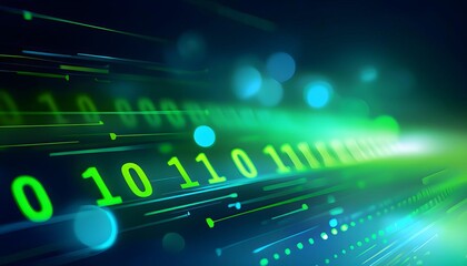 Abstract digital code background, neon green and blue, technology concept illustration