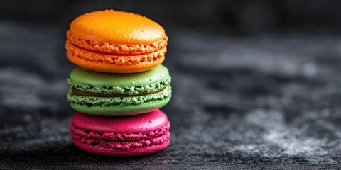 Poster - Macaron or macaroon cake, vibrant cookies (dark background). copy space