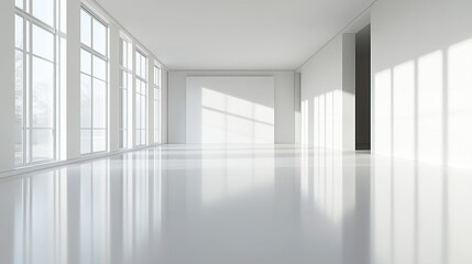 A wide-angle view of an empty modern office building with large windows and white walls