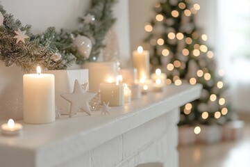 Wall Mural - Christmas composition on the shelf in the living room interior. Beautiful decoration. Christmas trees, candles, stars, light and elegant accessories. Merry Christmas and Happy Holidays, Generative AI