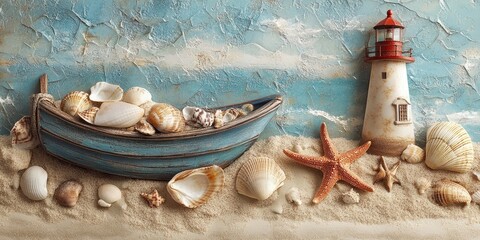 Vacation and summer theme featuring a vintage boat, starfish, lighthouse, and seashells on beach sand.