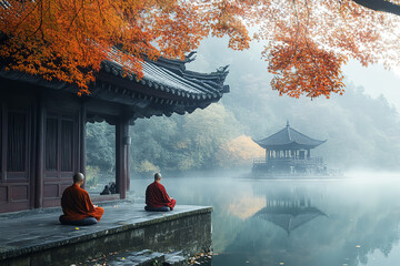 Canvas Print - Peaceful Autumn Morning at a Buddhist Monastery with Meditating Monks  