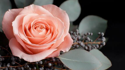 Canvas Print - Close up of a Delicate Peach Rose with Eucalyptus Leaves and Berries