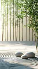 Poster - Zen Garden at Dawn with Raked Sand and Sparse Greenery  