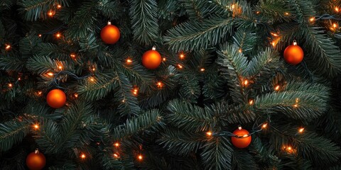 Aufkleber - A solitary image of pine Christmas tree branches adorned with orange ornaments and lights.