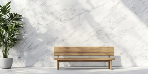 Poster - Wooden bench beside the white marble wall, copy space