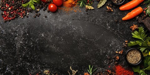 Canvas Print - Different spices and herbs are arranged on a stone table. Top view with space for your text.