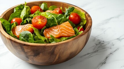 Wall Mural - A wooden bowl filled with a fresh salad featuring spinach, cherry tomatoes, and salmon.