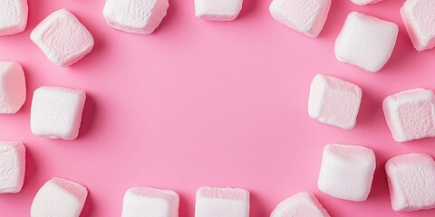 Aufkleber - Marshmallows against a pink backdrop. Vibrant marshmallow treats with copyspace. Aerial perspective or top view.