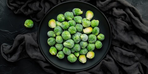 Poster - Top view of frozen brussels sprouts on a black plate and dark fabric, selective focus, horizontal orientation.