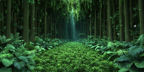 Poster - Lush Green Forest Path with Sunlight Streaming Through Trees