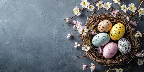 Aufkleber - Easter eggs in a nest on a grey background. Easter backdrop featuring eggs and spring flowers. Top view with copyspace.