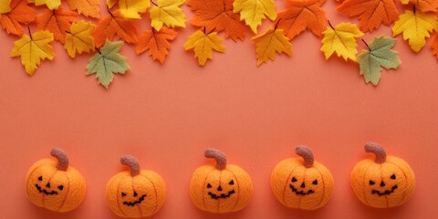 Fototapete - Funny orange felt pumpkins and fallen yellow maple leaves in autumn. Template for greeting card, text, design, frame, mockup. The themes of Halloween and Thanksgiving Day.