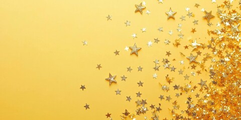 Aufkleber - sparkles shaped like stars on a yellow background, festive atmosphere, top view, copy space