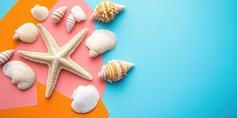Fototapete - Summer time concept flat lay arrangement featuring lovely starfish and seashells on a colorful table, top view with copyspace for text.