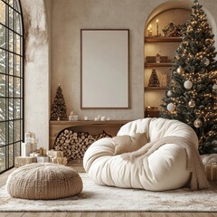 Wall Mural - Amazing and cozy christmas living room interior with modular sofa, boucle armchair, wooden consola, candlestick, christmas tree, gifts, decoration and, Generative AI