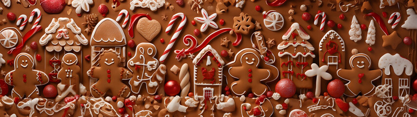 Wall Mural - Abstract background with Christmas gingerbread pieces and cookies on brown background. Horizontal composition, banner.