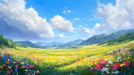 Aufkleber - A vibrant, scenic landscape featuring colorful wildflowers, rolling hills, and a bright blue sky filled with fluffy clouds.