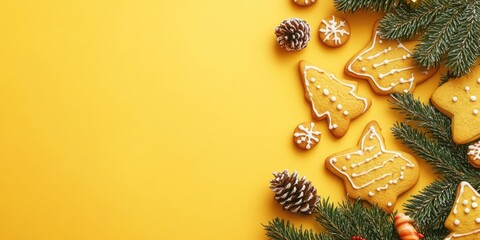Aufkleber - Christmas cookies on a yellow background with copy space. Top view. Flat lay. Stylish colorful photo. Minimalist design with a vibrant paper backdrop. Christmas theme.