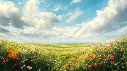 Aufkleber - A vibrant landscape filled with colorful flowers under a bright, cloud-dotted sky, showcasing the beauty of nature and tranquility.
