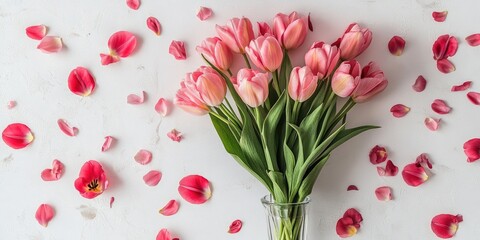 Aufkleber - Pink tulips in a vase against a white background, surrounded by a frame of fallen petals.