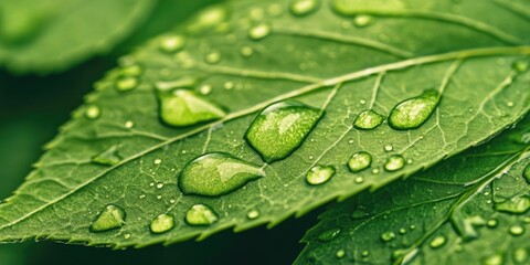Leinwandbilder - Green leaf with water droplets and copy space. Concept of Environmental Conservation. Close-up macro photo.