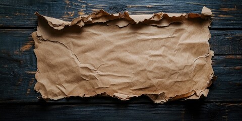 Aufkleber - A torn piece of brown craft paper, photographed from above on a dark rustic wooden surface, featuring an area for text.