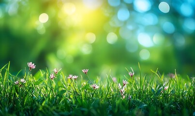 Poster - A serene view of vibrant green grass dotted with small flowers, illuminated by soft sunlight and a bokeh background of nature’s hues.