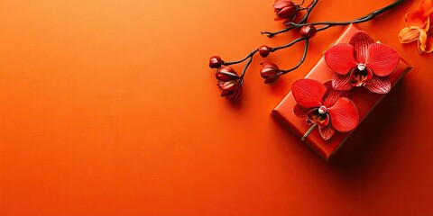 A gift box featuring an elegant and sophisticated design, accompanied by two red orchid branches set against an orange background. Tet gift concept for advertisements. Top view.