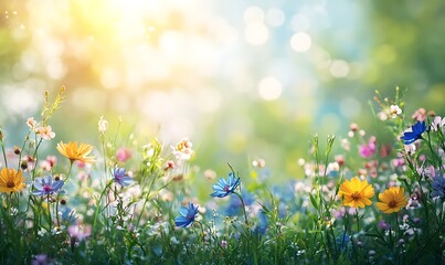 Poster - A vibrant field of wildflowers bathed in sunlight, creating a serene and colorful natural landscape.