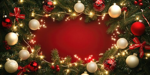 Poster - Christmas background. Christmas wallpaper. A Christmas light frame adorned with red and white baubles, bows, and fir branches. Copyspace in the center.