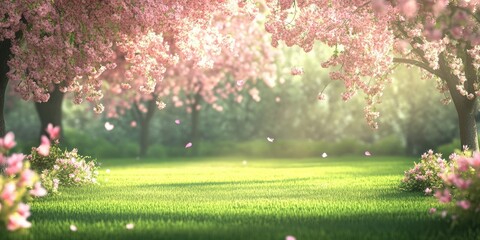 Poster - Landscape background image featuring cherry tree blossoms hanging in a spring garden.
