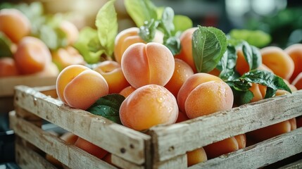 Wall Mural - A rustic wooden crate filled with ripe, fresh apricots adorned with dewy green leaves captures the essence of summer's bounty and irresistible fruity freshness.