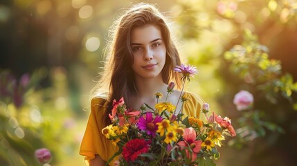 A photograph of a smiling young woman vibrant flowers, standing in a sunlit garden