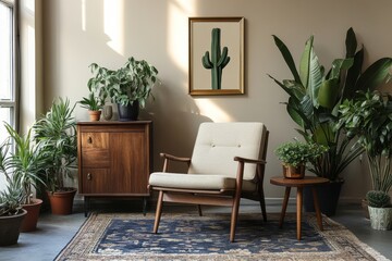 retro interior design of living room with stylish vintage chair and table, plants, cacti, personal a