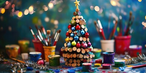 Aufkleber - Wine cork Christmas tree surrounded by multicolored paint pots, paintbrushes, Christmas ornaments, and sparkling tinsel.