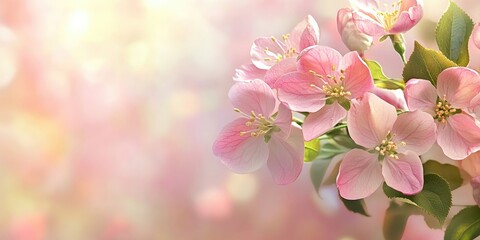 Poster - Spring blossom. Springtime apple flowers, pink floral background, soft and pastel card, selective focus, copy space for text.