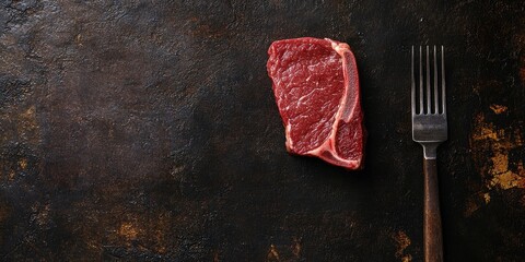 Poster - Raw beef steak for a machete skirt on a meat fork. Dark background. Top view. Copy space.
