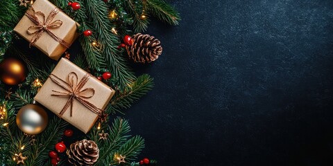 Leinwandbilder - Christmas background or Xmas card featuring fir decorations, a gift box, and ornaments. Space for Holiday Greetings. Top view. Planning for New Year's celebrations. Black backdrop.
