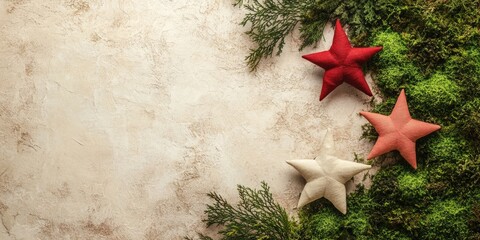 Canvas Print - Moss and fabric stars on a paper background, copyspace.