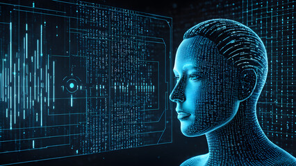 artificial intelligence cyborg head with binary code on blue background