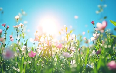Aufkleber - A vibrant field of colorful flowers under a bright sky, illuminated by sunlight, evoking a sense of peace and natural beauty.