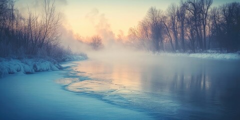 Aufkleber - Fog over a frozen river on an extremely cold winter day.