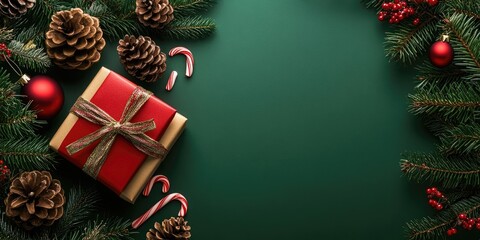 Leinwandbilder - Top view of the Christmas and New Year holidays theme featuring pine cones, a gift box, candy cane, Christmas ball, and festive decorations on a green paper background with copy space.