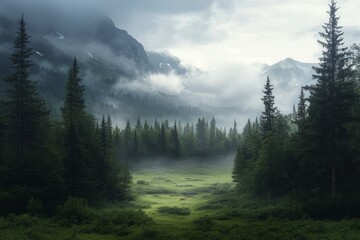 Wall Mural - A misty forest valley with tall pine trees and rolling hills in the background.