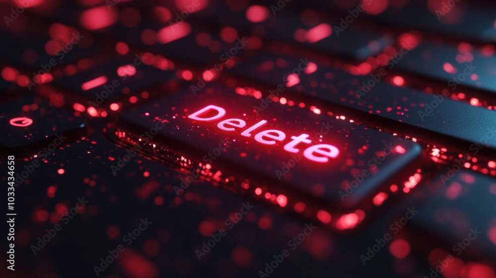 Red Delete Key Computer keyboard with a red Delete key in focus, concept of erasing or ...