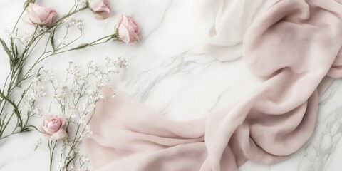 Aufkleber - Postcard mockup featuring flowers, soft fabric, and marble. Ideal for presentations, flatlay, and more.